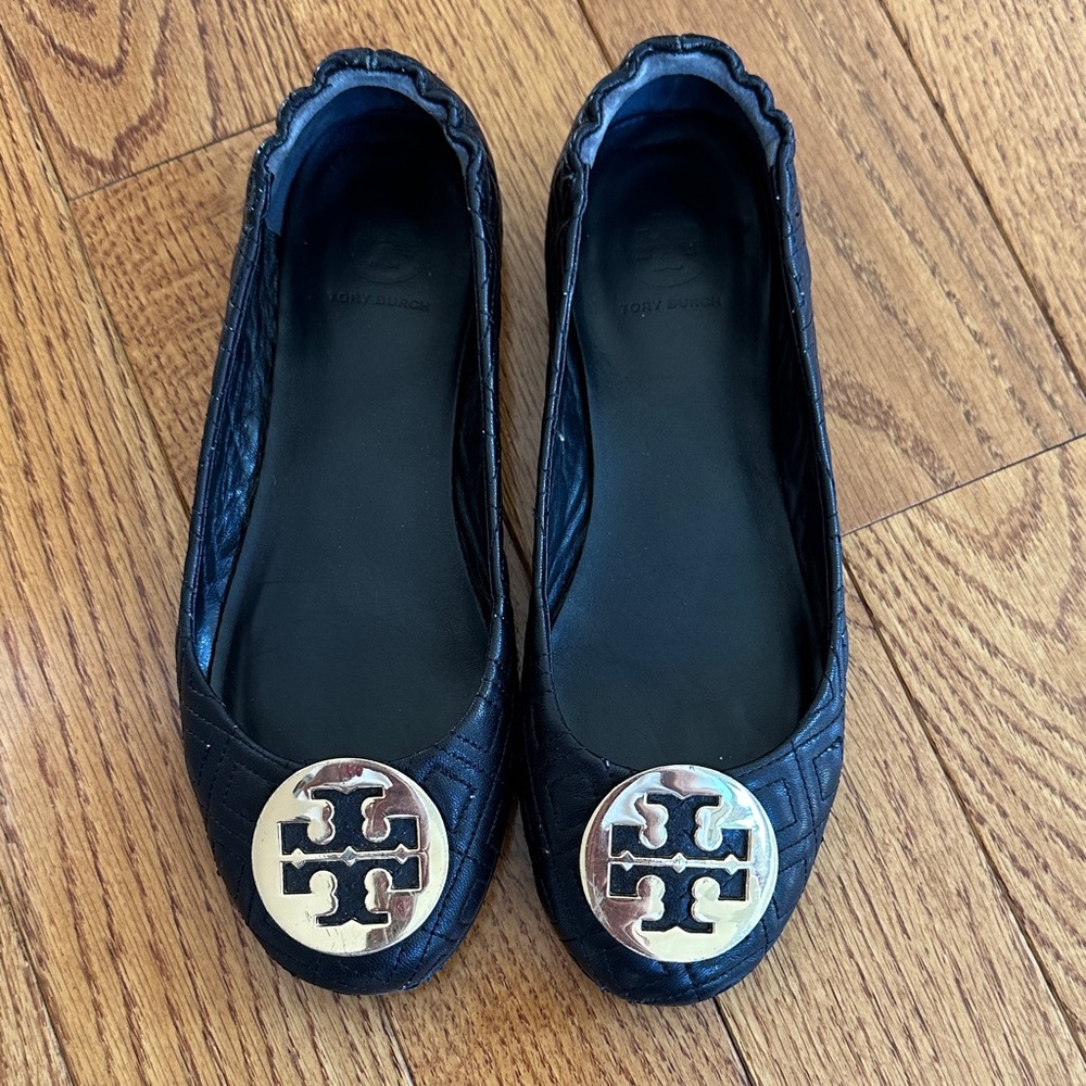 Tory Burch Quilted Black Flats with Gold Logo